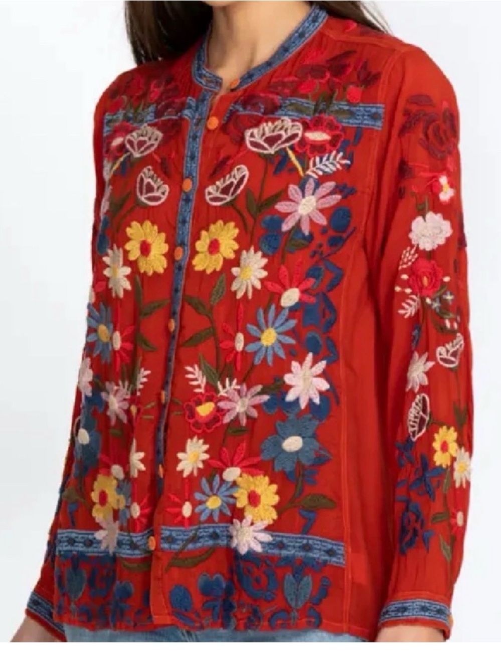 Johnny Was Edie Cayenne aired Floral Embroidered Button-Front Blouse